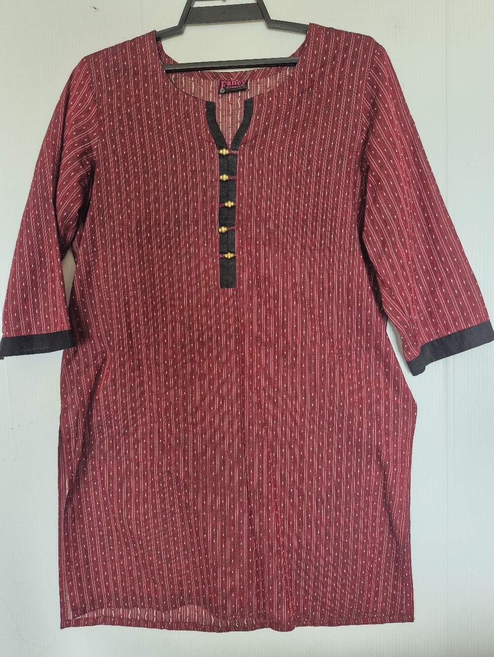 Men’s Maroon Patterned Button-Down Kurta Shirt with Contrast Trim